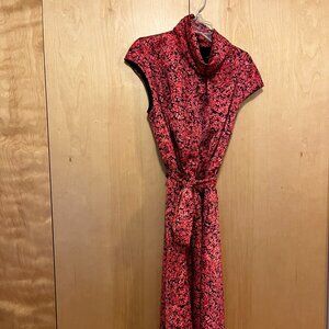 Maggy London Womens Satin Red Floral Collared A-Line Midi Dress